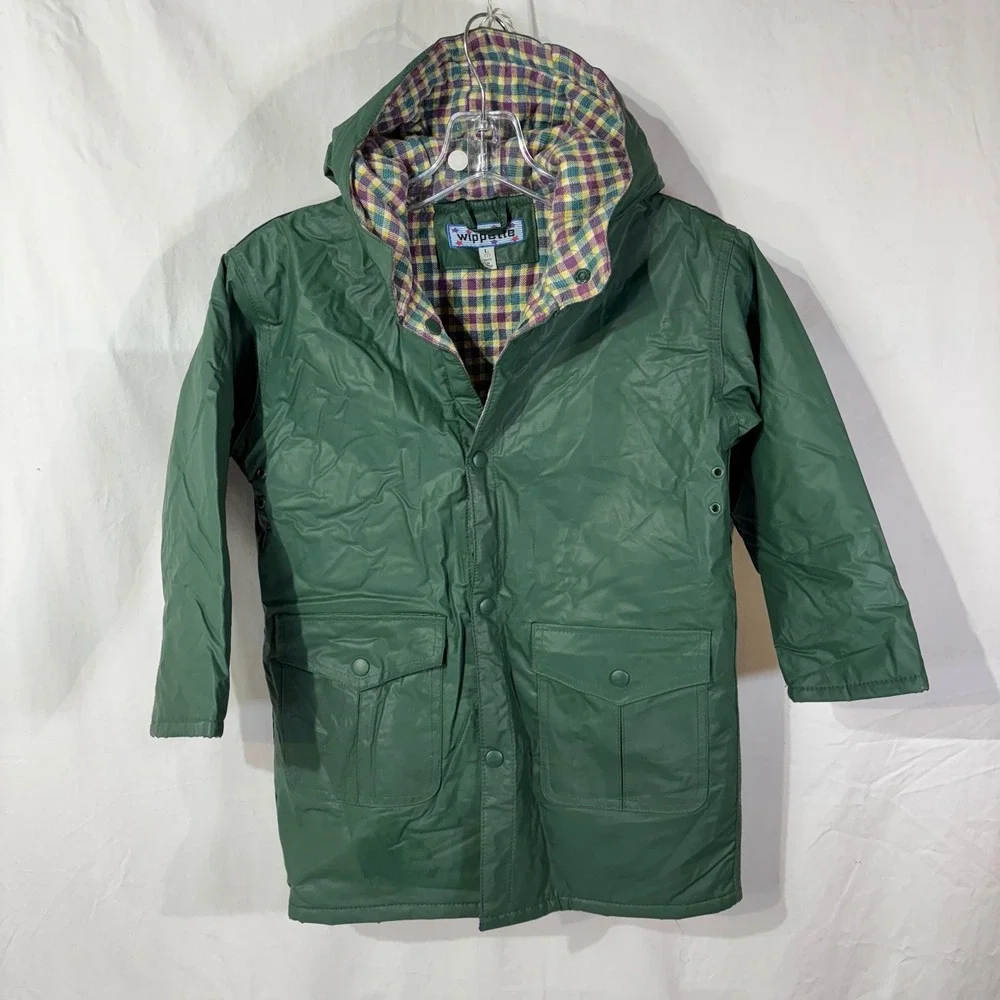 Vintage Wippette Vinyl‎ Raincoat Jacket Waterproof Green Flannel Plaid Lined
